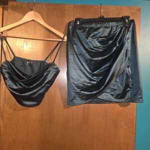 Two Piece Dark Satin Green Top And Skirt